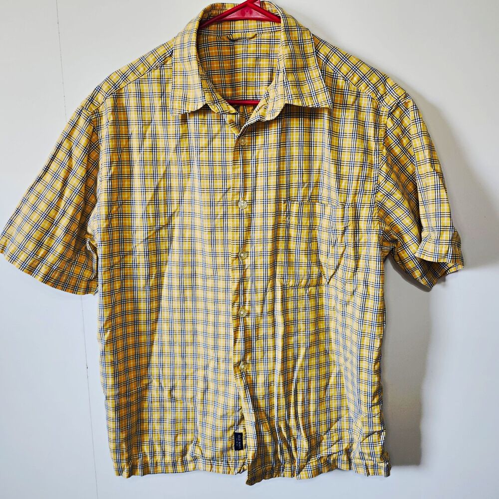Vintage Y2K Old Navy Men's Plaid Short Sleeve Button Up Shirt Yellow Blue Cotton